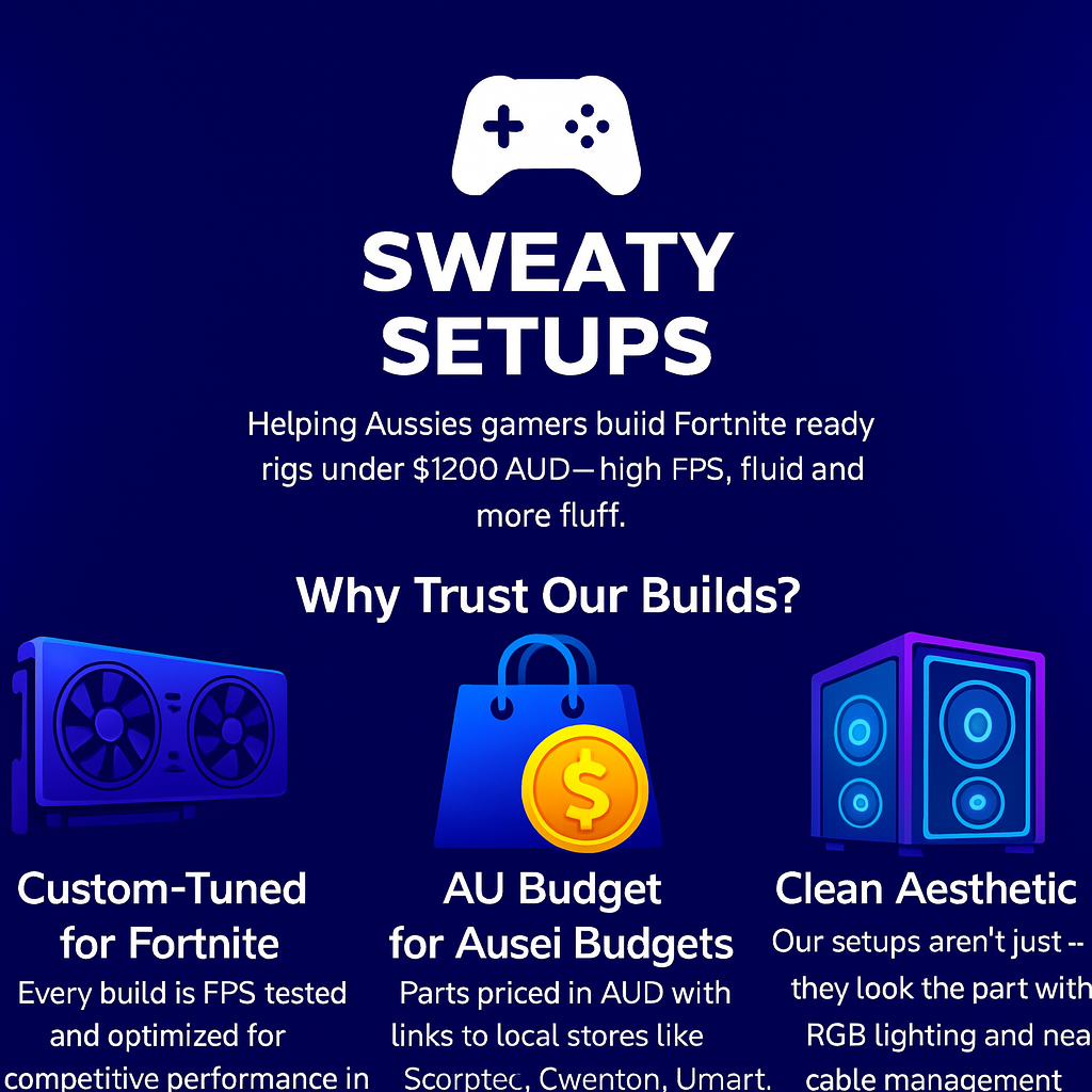 Sweaty Setups Fortnite-ready budget gaming PC builds in Australia under $1200 AUD with custom tuning and clean cable management